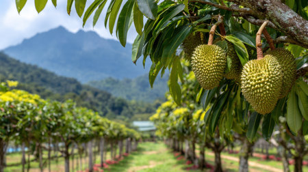 Fresh durian fruits hang from lush trees in an orchard, surrounded by stunning mountains and a clear sky, highlighting the beauty of nature and agriculture.の素材