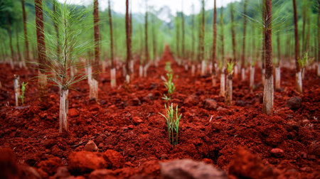 A stunning view of vibrant red soil filled with young seedlings capturing the essence of growth and sustainability in nature, showcasing the beauty of reforestation efforts.の素材