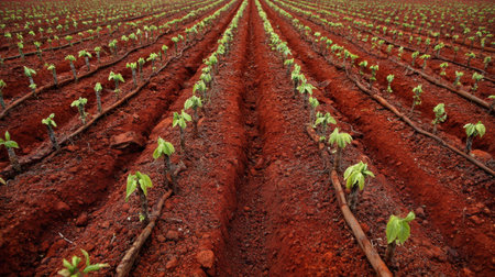 Rows of green seedlings emerge from rich, red soil, showcasing the beauty of agricultural practices, growth, and sustainable farming in a bright and vibrant landscape.の素材