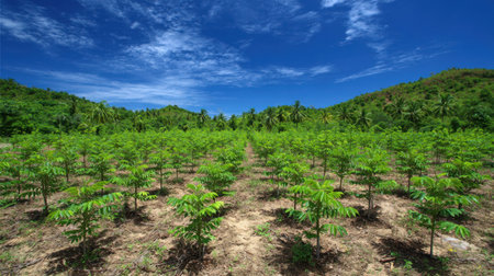 Captivating view of young sapling plants thriving in a lush green landscape, surrounded by mountains and under a bright blue sky with fluffy clouds. Perfect for nature themes.の素材