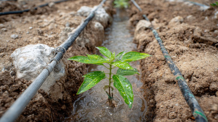 A single green seedling is emerging from moist soil in an irrigation row, highlighting effective agricultural techniques and the importance of sustainable farming practices.の素材