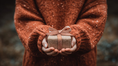 A heartwarming image of a child in a cozy sweater holding a beautifully wrapped gift, perfect for representing the joy of giving and the warmth of autumn moments.の素材