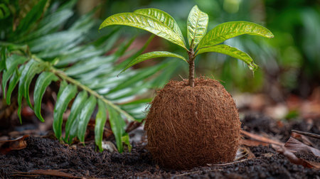 A young plant emerges from a textured soil ball amidst a vibrant green backdrop, symbolizing the essence of growth and the beauty of natural sustainability in a serene environment.の素材