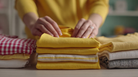 A pair of hands skillfully folds vibrant yellow clothing, demonstrating organization in a cozy indoor space filled with soft colors and textures, inspiring a sense of comfort.の素材