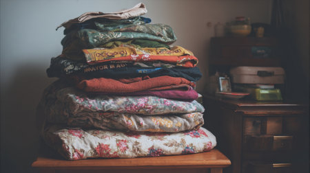 A cozy arrangement of neatly stacked textiles and clothing on a bedside table, adding charm and warmth to the indoor space with diverse colors and patterns.の素材