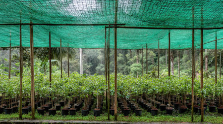A vibrant nursery filled with young green plants protected by shade netting, showcasing an ideal environment for growth and care in a tropical landscape.の素材