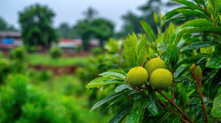 Close-up view of vibrant green fruits on a lush branch, with raindrops glistening, set against a serene natural landscape featuring blurred trees and structures.の素材