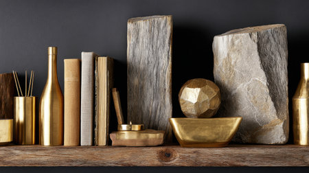 A stylish wooden shelf showcasing a thoughtfully arranged collection of golden decorative items and natural textures, ideal for home decor inspiration and modern design aesthetics.の素材