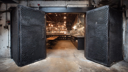 A striking industrial kitchen entrance featuring large hexagonal doors, revealing a sophisticated open layout designed for modern culinary experiences and dining.の素材