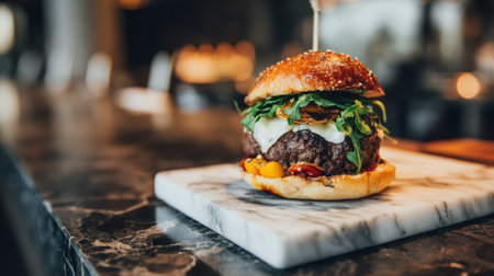 A gourmet burger stacked with fresh ingredients and savory toppings sits on a marble countertop, capturing the essence of fine dining and culinary excellence in an elegant restaurant ambiance.の素材