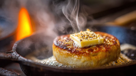 A striking image of a pancake sizzling in a cast-iron pan, topped with melting butter and surrounded by a warm flame, creating an inviting culinary experience.の素材