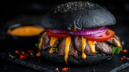 A striking black burger featuring tender beef, melted cheese, and colorful vegetables, paired with a zesty sauce. Perfect for food photography and culinary presentations.の素材