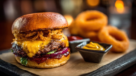 A mouthwatering hamburger featuring a juicy beef patty topped with melted cheese and crispy onions, served with golden onion rings and condiments on a wooden table.の素材