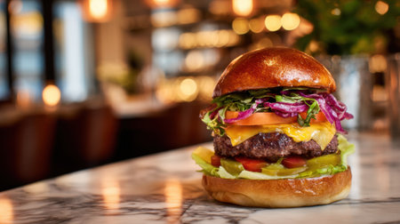 A mouthwatering cheeseburger topped with fresh vegetables sits elegantly on a marble countertop, showcasing modern dining aesthetics and inviting ambiance.の素材