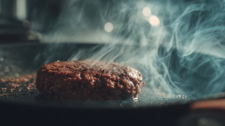A close-up image of a beef burger patty sizzling in a hot skillet, surrounded by rising smoke, illustrating the cooking process and the mouthwatering appeal of grilled food preparation.の素材
