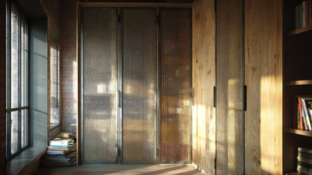 Bright and stylish interior showcasing wooden cabinets with metal doors, creating a warm atmosphere with natural light and inviting decor elements.の素材