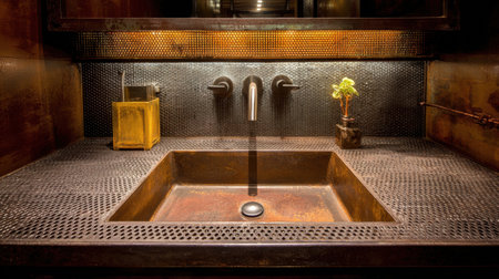 This image showcases a sleek metal sink with stylish taps and a charming potted plant, perfect for modern bathroom decor and showcasing elegant industrial design elements.の素材