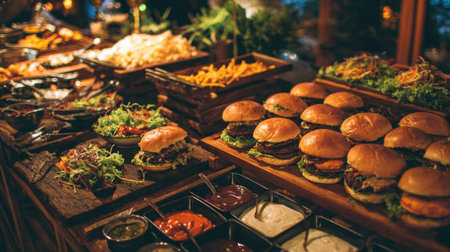 Indulge in a vibrant buffet featuring gourmet burgers paired with fresh salads and a variety of toppings, creating an inviting atmosphere perfect for memorable gatherings.の素材