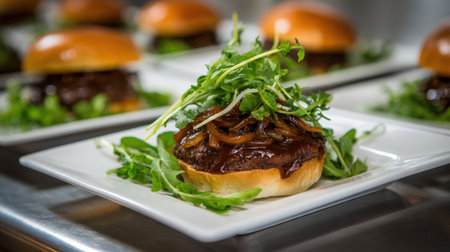 A mouthwatering gourmet burger crafted with care, featuring caramelized onions and fresh arugula on a soft bun, elegantly plated for a delightful dining experience.の素材