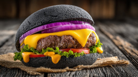A visually striking gourmet charcoal burger featuring melted cheese, fresh vegetables like lettuce, onion, and tomato, perfect for food enthusiasts and culinary presentations.の素材
