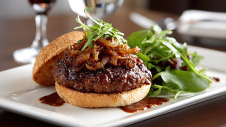 A beautifully arranged gourmet hamburger featuring caramelized onions on a toasted bun, accompanied by fresh greens, perfect for food enthusiasts and culinary presentations.の素材