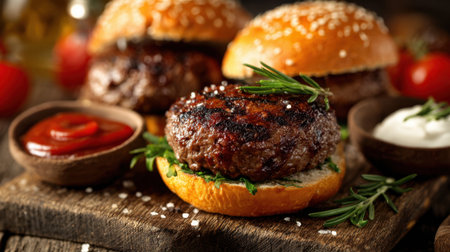 A tasty grilled hamburger served on a toasted bun with herbs and condiments, ideal for BBQs and family meals, bringing flavor and joy to every bite.の素材