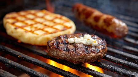 Indulge in the mouthwatering experience of grilling with this image of a juicy hamburger, sausage, and toasted bread, capturing the essence of outdoor cooking and summer fun.の素材