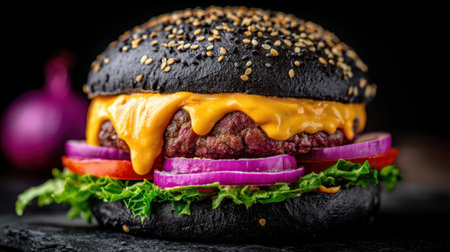 A visually striking gourmet black burger featuring a juicy beef patty, melted cheese, fresh vegetables, and a unique charcoal bun, perfect for food lovers and culinary enthusiasts.の素材