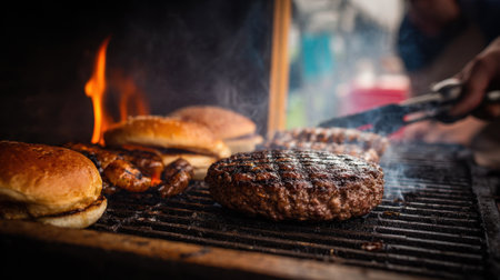 A vibrant scene showcasing grilled burgers and chicken sizzling over an open flame, highlighting the joy of outdoor cooking and summer gatherings. Perfect for food enthusiasts.の素材