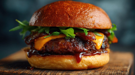 A mouthwatering cheeseburger featuring melted cheese, fresh greens, and barbecue sauce on a toasted bun, perfect for enticing food lovers and culinary enthusiasts.の素材