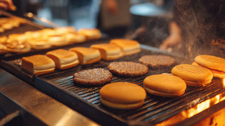 Mouthwatering burgers and sandwiches grilled to perfection on a hot griddle, creating an enticing culinary scene full of sizzling sounds and delicious aromas.の素材