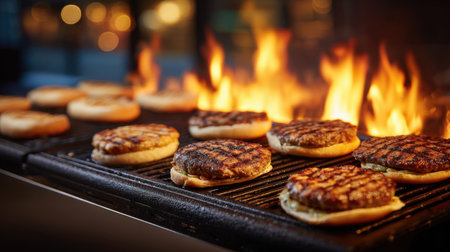 A close-up of beef burgers grilling over open flames, showcasing the perfectly charred patties and warm buns, evoking a mouthwatering summer barbecue atmosphere.の素材