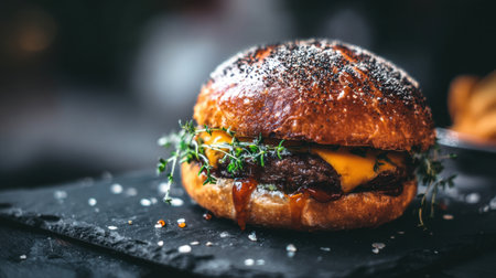 A close-up of a gourmet burger featuring a juicy beef patty, melted cheese, and fresh herbs, perfect for food enthusiasts and culinary presentations.の素材