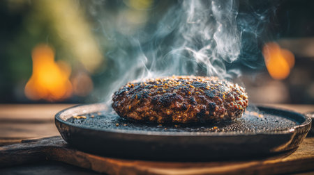 A perfectly grilled burger emits a tantalizing aroma, showcasing rich flavors and textures while smoke swirls above it, set in a natural outdoor scene, ideal for food lovers.の素材