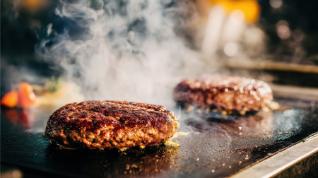 Two juicy beef patties are sizzling on a grill, emitting steam and an enticing aroma, ideal for a summer barbecue or a delicious home-cooked meal.の素材