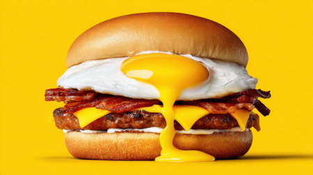 A vibrant breakfast sandwich showcasing layers of a juicy burger patty, crispy bacon, gooey cheese, and a luscious sunny-side-up egg, perfect for any meal time.の素材