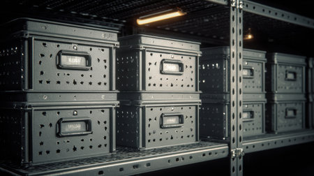 A modern scene featuring industrial storage containers on sturdy metal shelves, highlighting the effective organization and efficiency in a contemporary warehouse setting.の素材