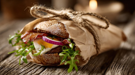 Indulge in this gourmet sandwich wrapped in brown paper, featuring crispy bacon, a perfectly cooked egg, fresh greens, and onions, set on a rustic wooden table with candlelight.の素材