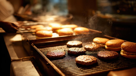 A vibrant kitchen scene featuring hamburgers sizzling on a grill, showcasing the process of cooking fresh, juicy burgers and soft buns in a bustling culinary environment.の素材