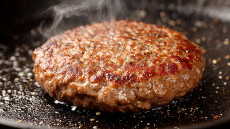 A tantalizing beef patty cooking in a grill pan, emitting steam and spices, showcasing a delicious and savory barbecue experience perfect for meals and snacks.の素材