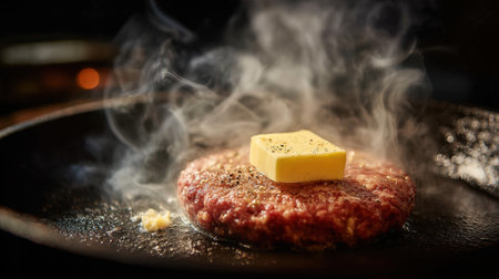 A juicy hamburger patty is cooking in a skillet, topped with melting butter as aromatic steam rises, creating a perfect scene for food lovers and culinary enthusiasts.の素材