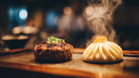 A mouthwatering grilled meat patty sits next to a soft steamed bread bun, releasing aromatic steam and showcasing a warm dining atmosphere ideal for food lovers.の素材