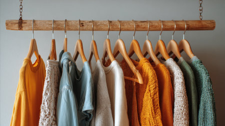 Explore a stunning display of colorful sweaters and shirts arranged neatly on a wooden rack, perfect for fashion enthusiasts seeking outfit ideas and cozy styling inspiration.の素材