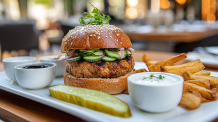 A delectable chicken burger topped with fresh cucumber and herbs, served with crispy fries and dip on a beautiful plate in an inviting restaurant atmosphere.の素材