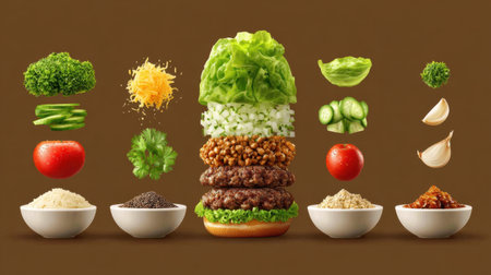 A visually striking composition of a burger stack featuring fresh vegetables, juicy patties, and various ingredients arranged on a brown background, representing culinary creativity.の素材