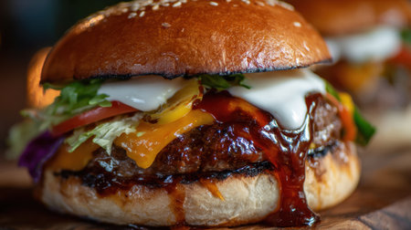 A mouthwatering gourmet hamburger featuring a juicy beef patty, fresh vegetables, creamy sauce, and rich toppings, ideal for food photography and culinary projects.の素材
