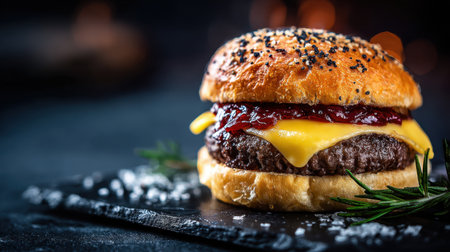 This mouthwatering cheeseburger features a juicy beef patty topped with melting cheddar cheese and tangy sauce, all nestled in a fresh sesame seed bun.の素材