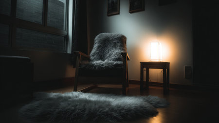 A serene living room corner featuring a plush chair and warm lighting, creating a cozy atmosphere with a soft rug, perfect for relaxation and inspiration in home decor.の素材