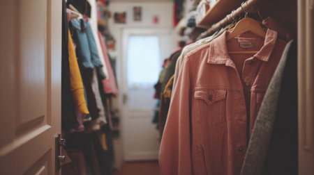 A cozy closet filled with an array of colorful clothes, featuring a light pink jacket prominently displayed, creating an inviting and organized space for personal style.の素材