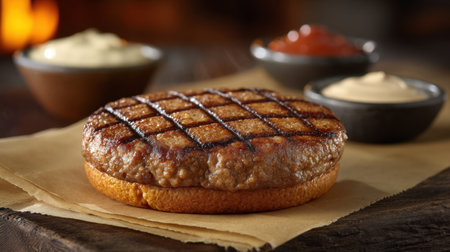 A succulent grilled meat patty rests on a soft bun, accompanied by various delicious dipping sauces, ideal for showcasing gourmet food in photography and culinary displays.の素材